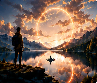 A person standing at a lakeshore beneath a glowing ring in the sky, generated with PixVerse