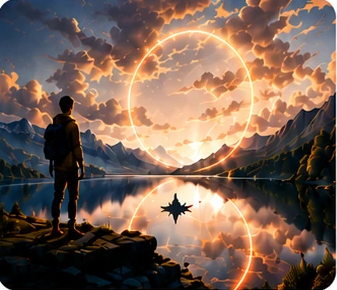 A person standing at a lakeshore beneath a glowing ring in the sky, generated with PixVerse