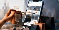 Hand holding a phone with a shopping cart and bags